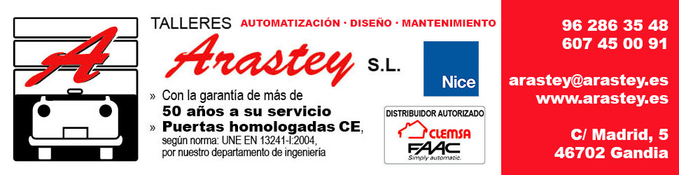  TALLERES ARASTEY, S.L. COMPROMETIDO CON SUS SERVICIOS
Simpre comprometidos con la actualidad en puertas automáticas. 